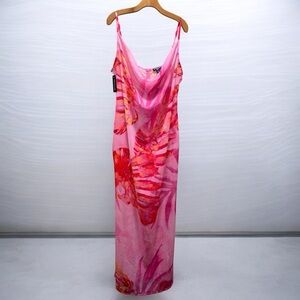 PrettyLittleThing Shape Pink Tropical Print Strappy Cowl Neck Maxi Dress size 14
